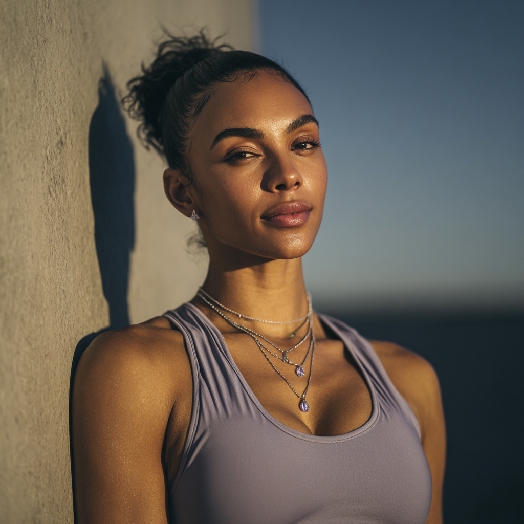 Premium portrait of athletic woman in sunlight, wearing layered necklaces, symbolizing Apex strength and confidence.