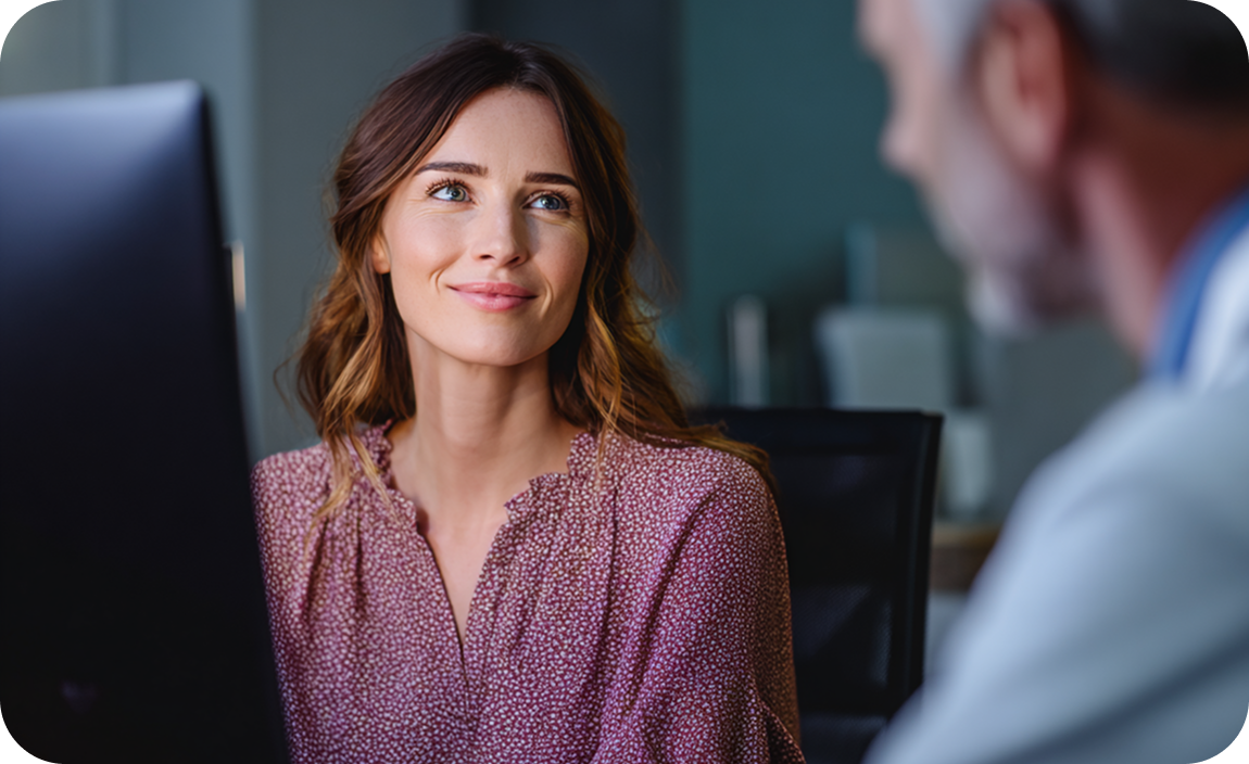 Woman seated at a desk speaking with a medical provider during a consultation
