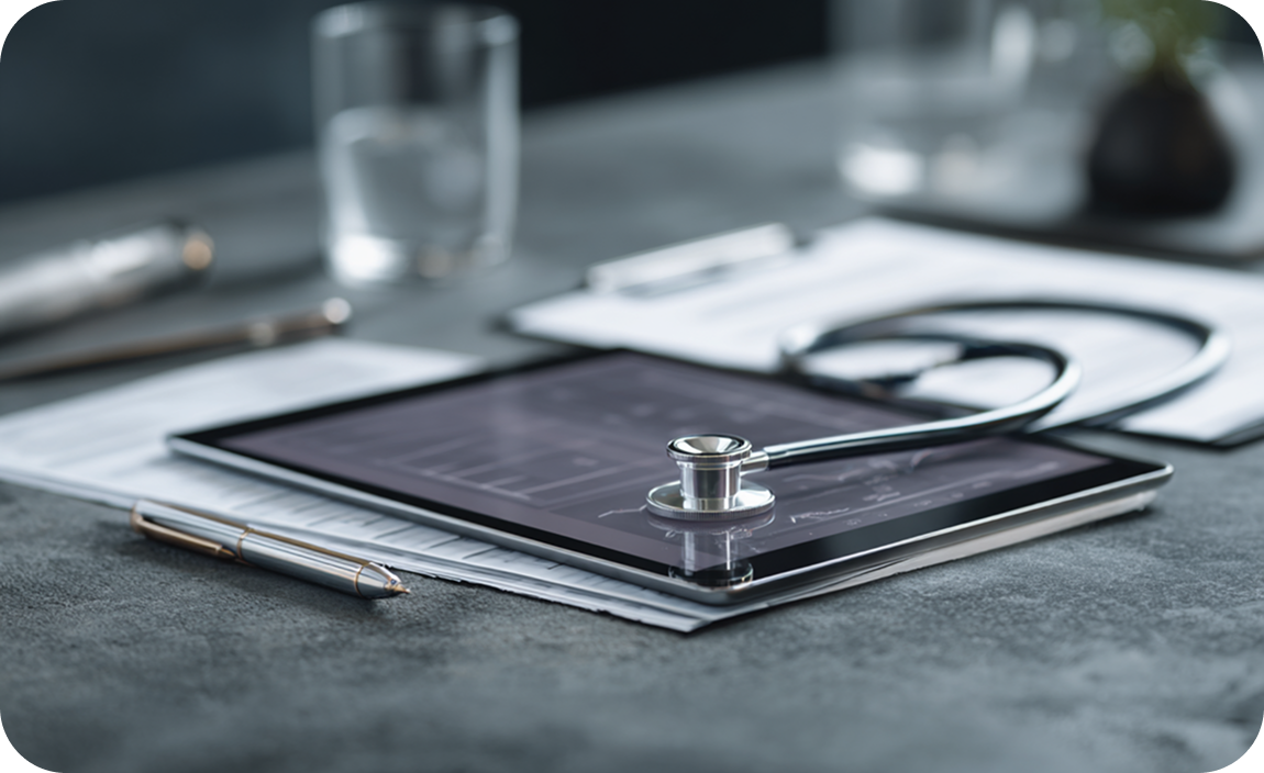Tablet and stethoscope placed on a desk representing medical evaluation and diagnostic review
