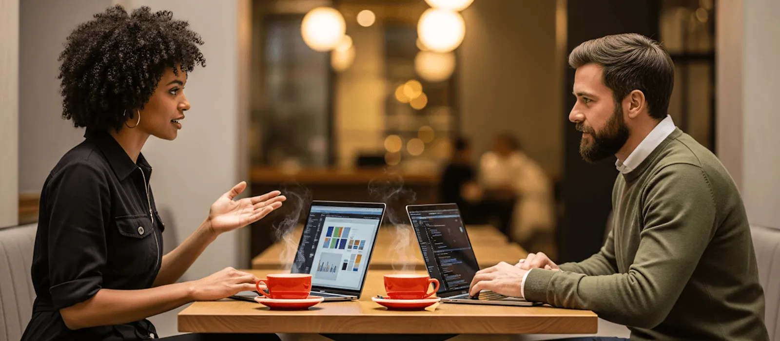 Man and woman sitting at a table in a café working on laptops with steaming red coffee cups in front of them.
