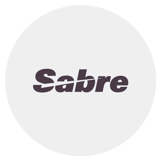 Sabre logo with stylized text and a diagonal line through the middle.