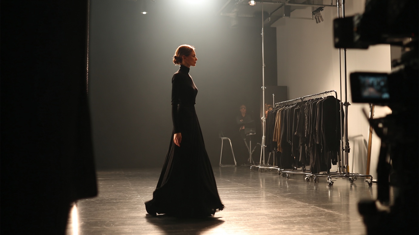 mannequin femme marche sur un plateau de tournage