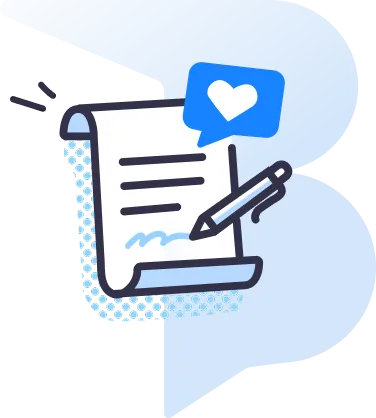 Illustrazione di un documento con una firma, una penna e un'icona di messaggio con cuore.
