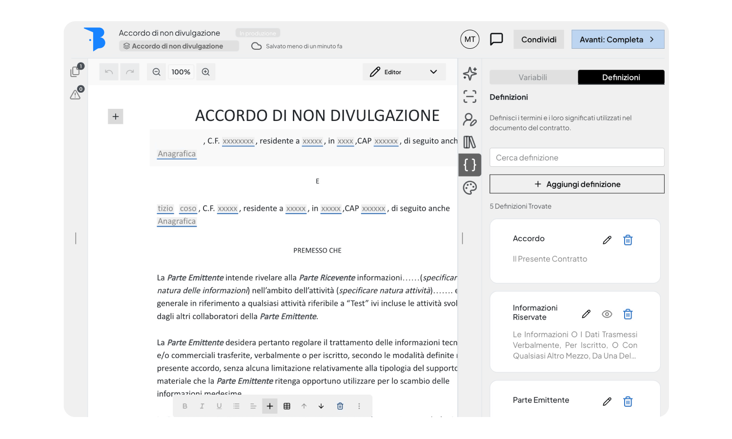 Schermata di un editor di documenti che mostra un Accordo di non divulgazione in fase di compilazione, con campi per dati anagrafici e definizioni di termini del contratto sul lato destro.