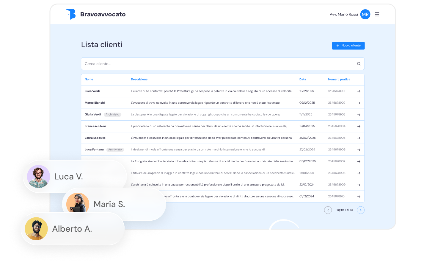 Interfaccia software Bravoavvocato con lista clienti che include nomi, descrizioni dei casi, date e numeri pratica, con ricerca clienti e pulsante nuovo cliente.