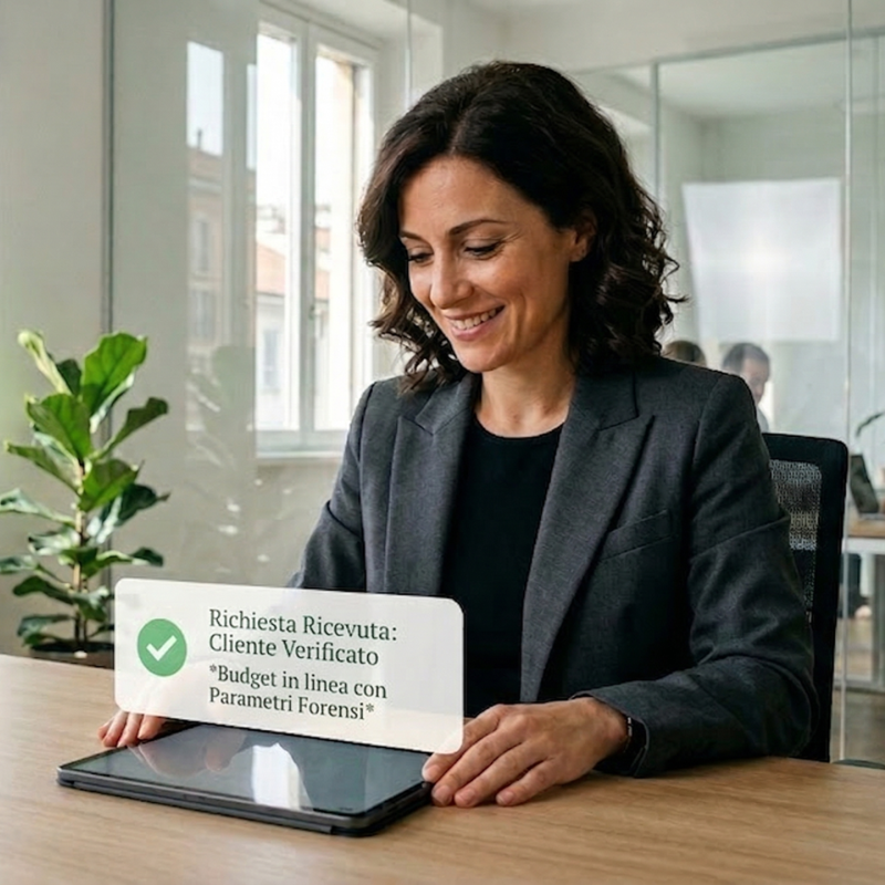 Donna sorridente che lavora al computer portatile in un ufficio luminoso.