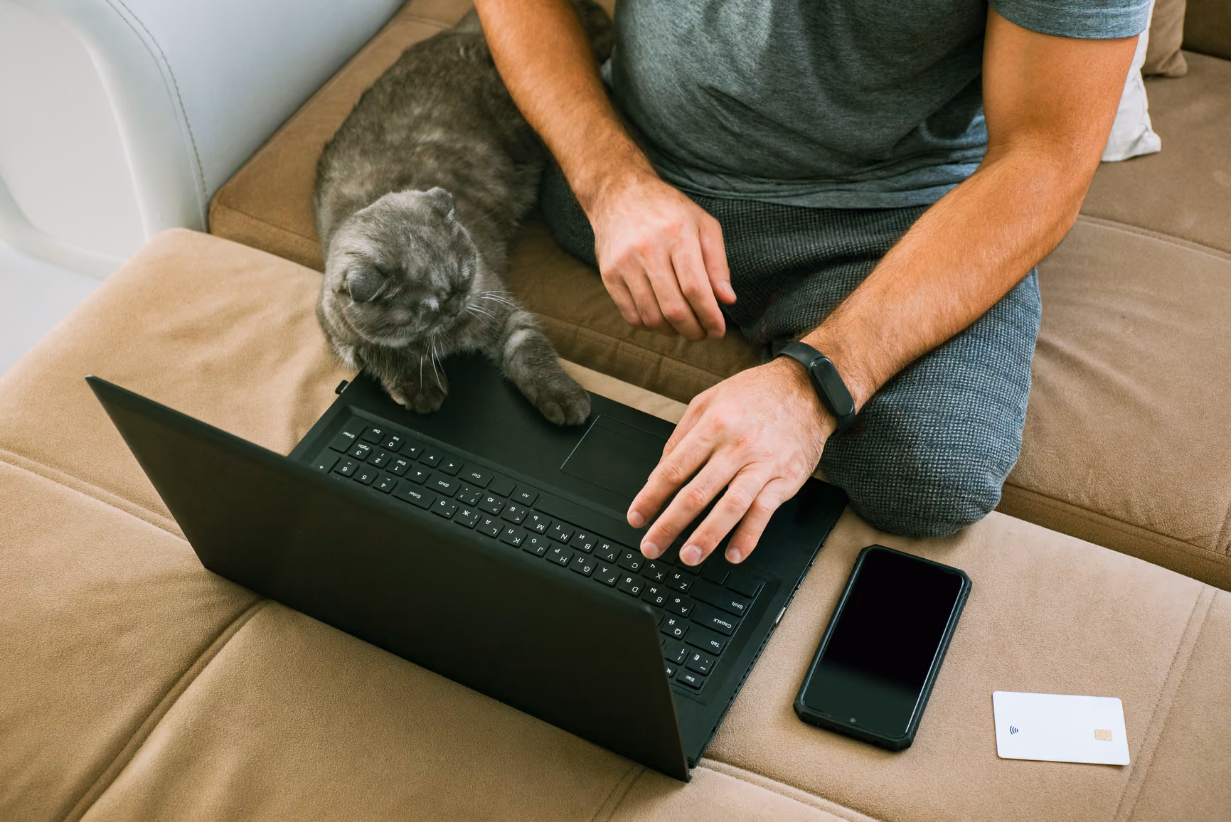 Persona seduta sul divano con laptop, gatto grigio accanto, smartphone e carta di credito sulla poltrona.
