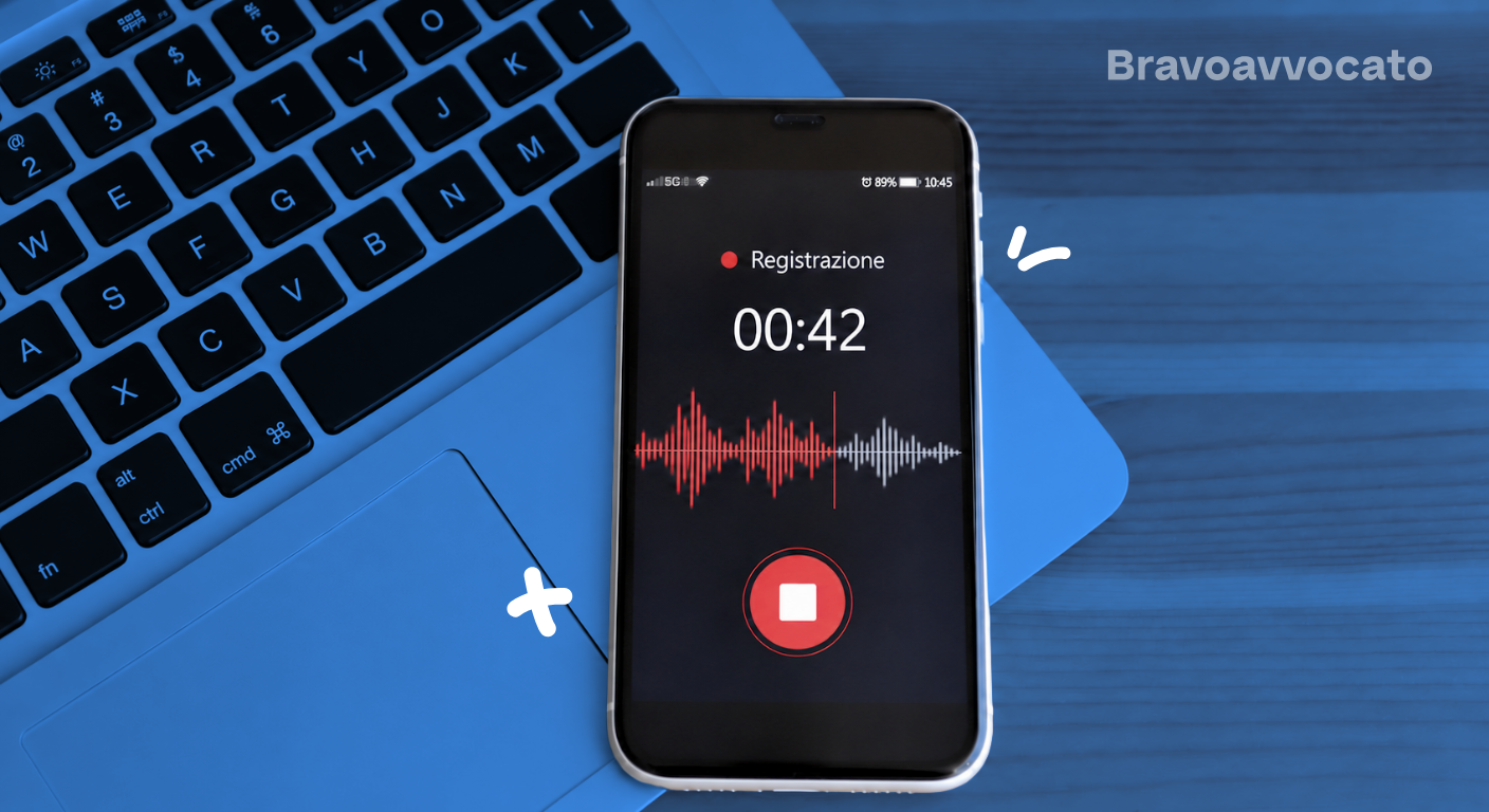 Smartphone con app attiva per registrare una conversazione, appoggiato su un computer al lavoro.