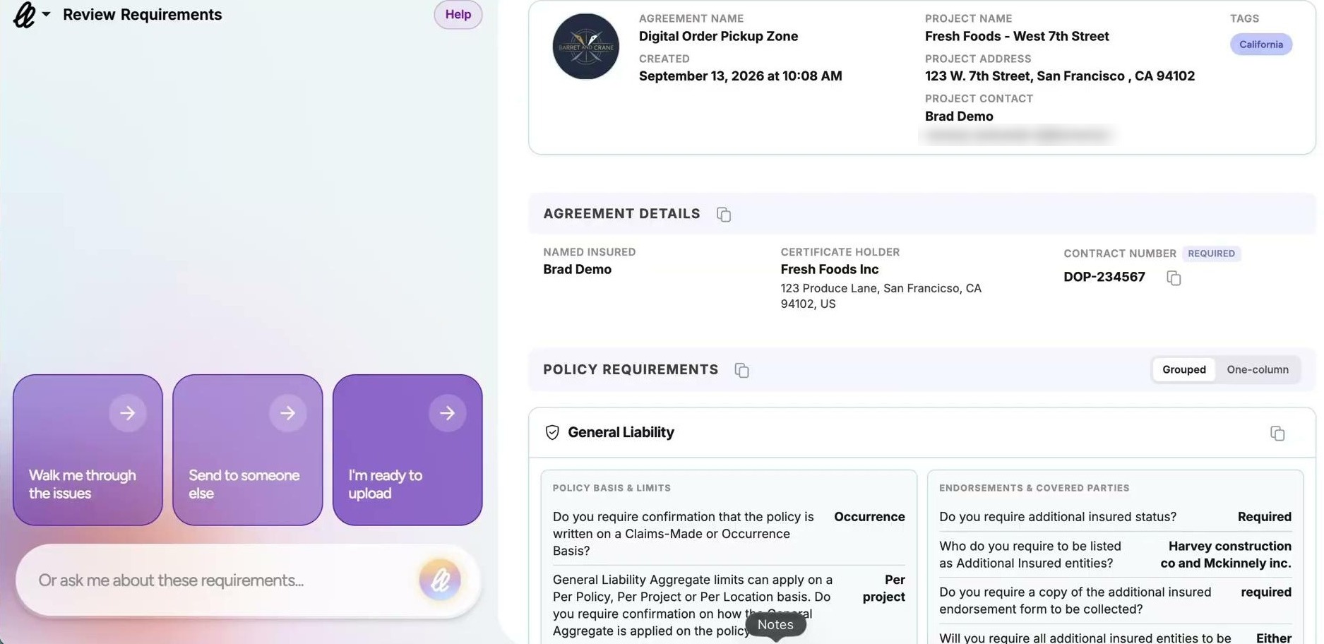illumend showing an agreement's policy requirements, with general liability rules and limits beside the endorsements and covered parties each partner has to provide