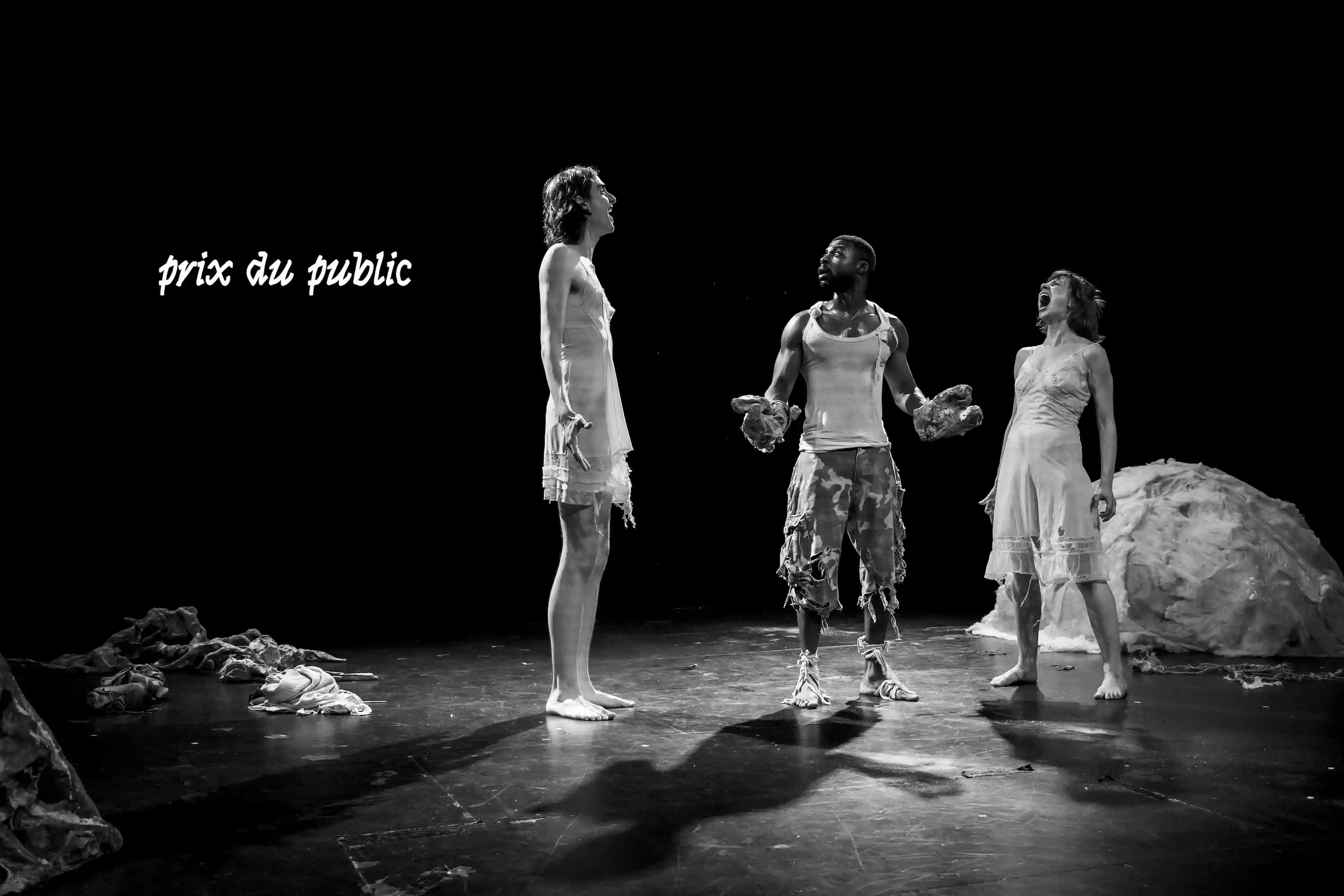 Trois interprètes sur scène, en pleine performance expressive, entourés de décors organiques — texte “prix du public”.