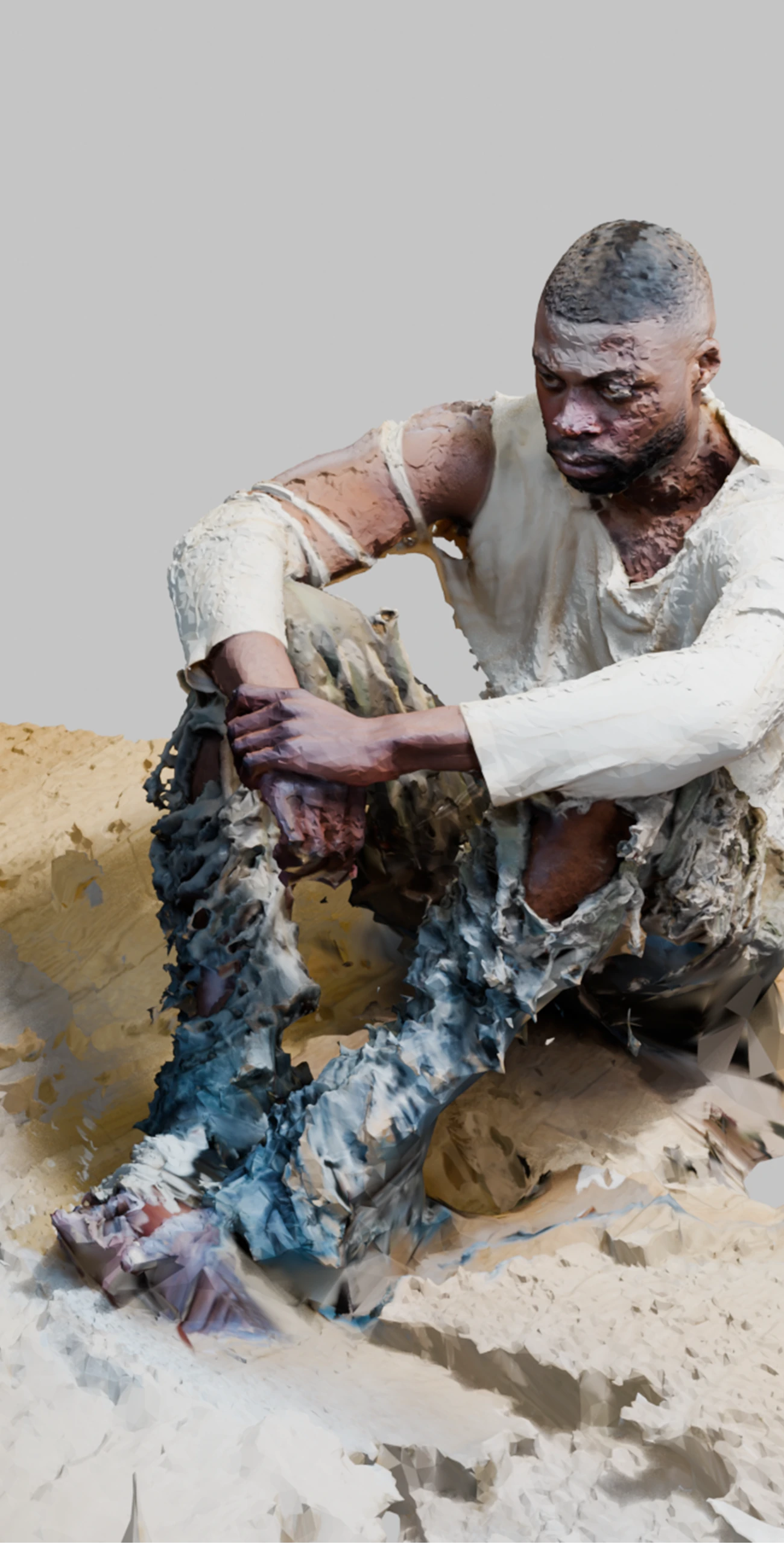 Portrait sculptural d’un homme assis, recouvert de matière organique, entre réalité et reconstitution numérique.