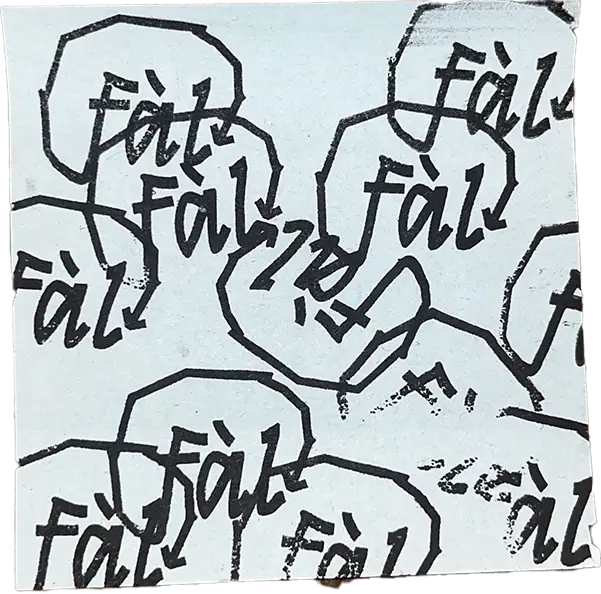 Mot “Fàl” répété en noir sous forme de tampons dessinés à la main sur un fond de papier.
