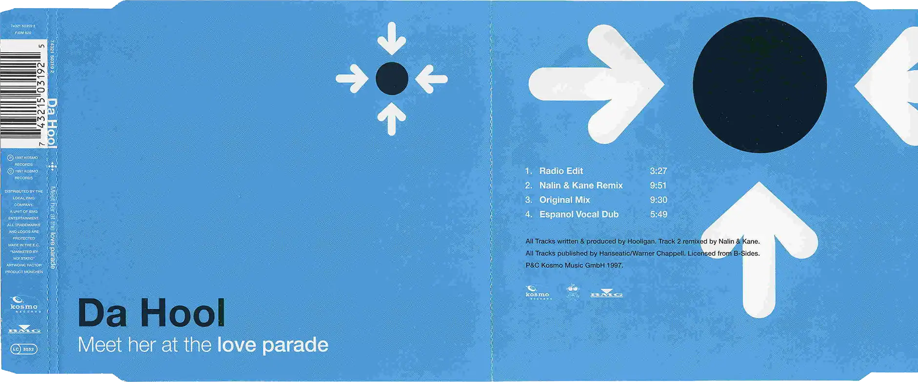 Pochette bleue du single “Meet Her at the Love Parade” de Da Hool, avec des flèches blanches pointant vers un cercle noir.