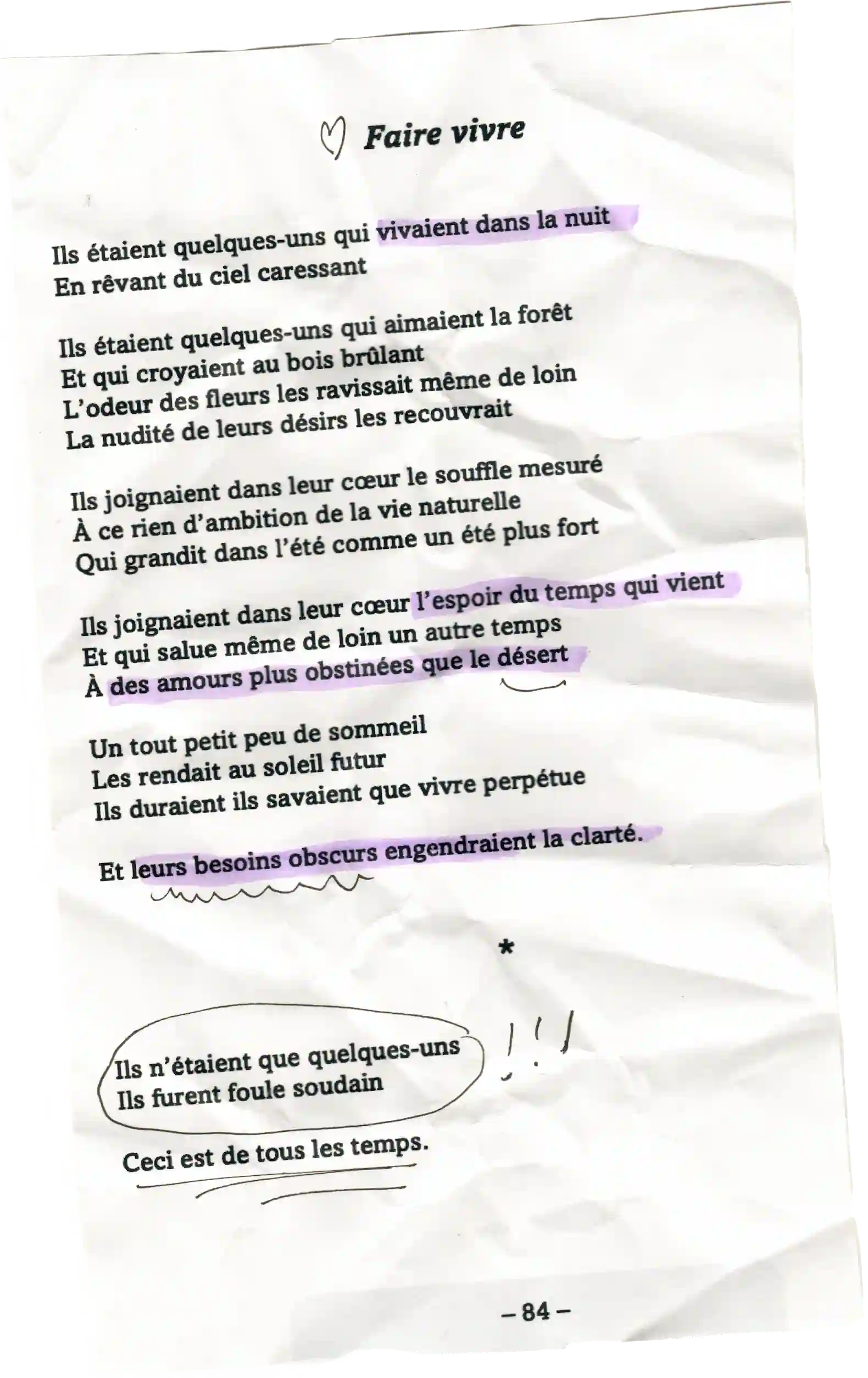 Page de poésie manuscrite et annotée, contenant le poème “Faire vivre”, imprimé sur un papier froissé.
