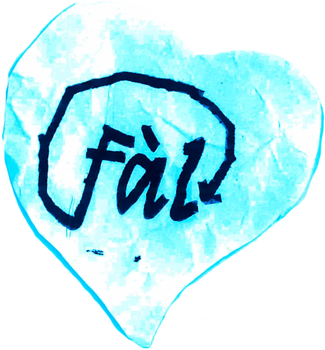 Papier froissé bleu en forme de cœur avec le logo “Fàl” dessiné à la main.