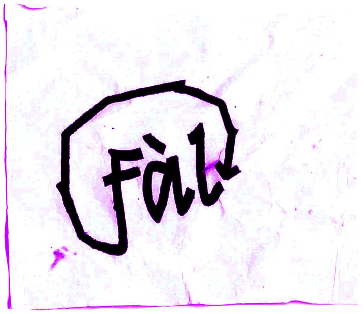 Papier froissé violet avec le logo “Fàl” dessiné à la main dans une forme irrégulière.