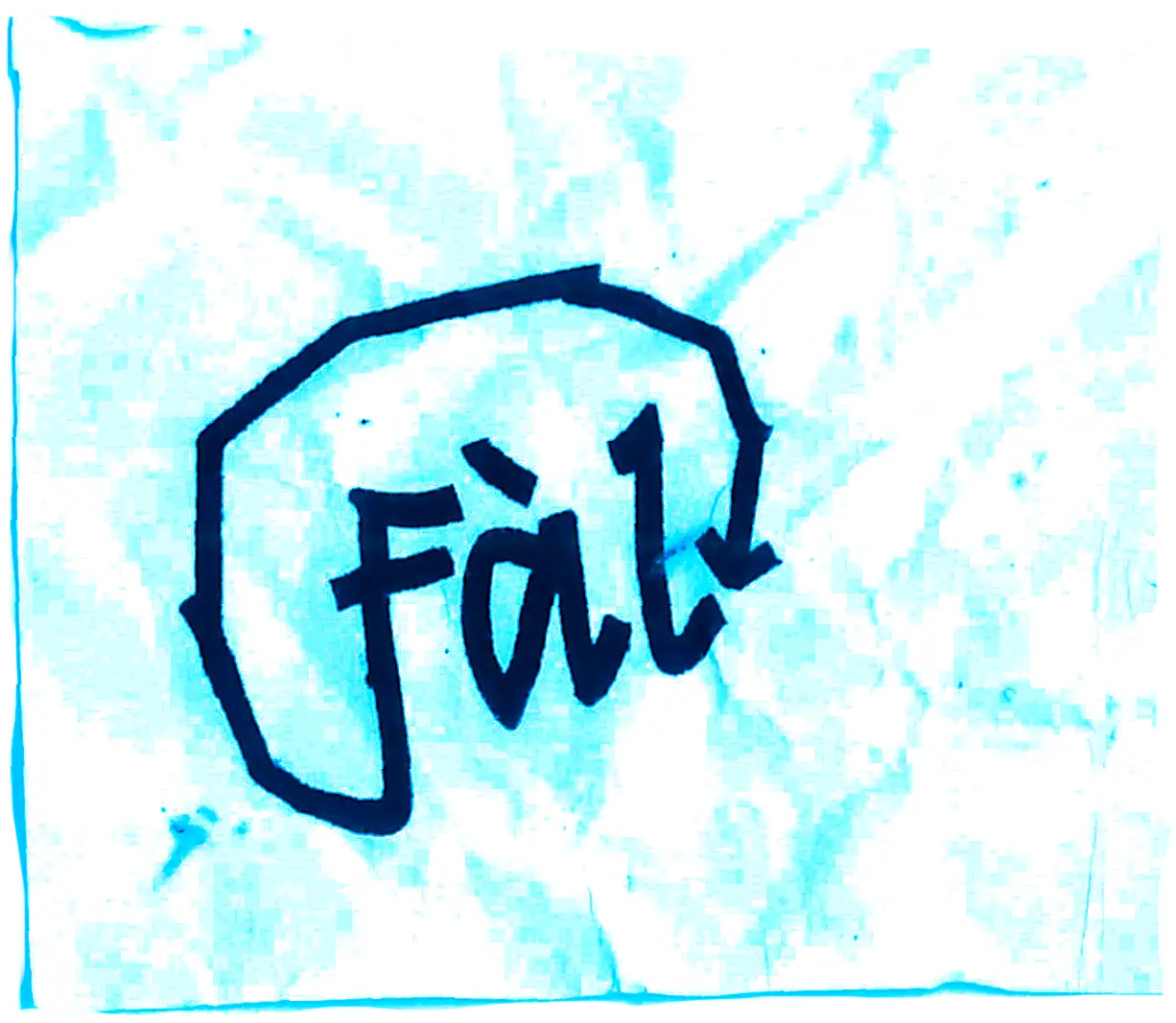 Papier froissé bleu avec le logo “Fàl” dessiné à la main dans une forme irrégulière.