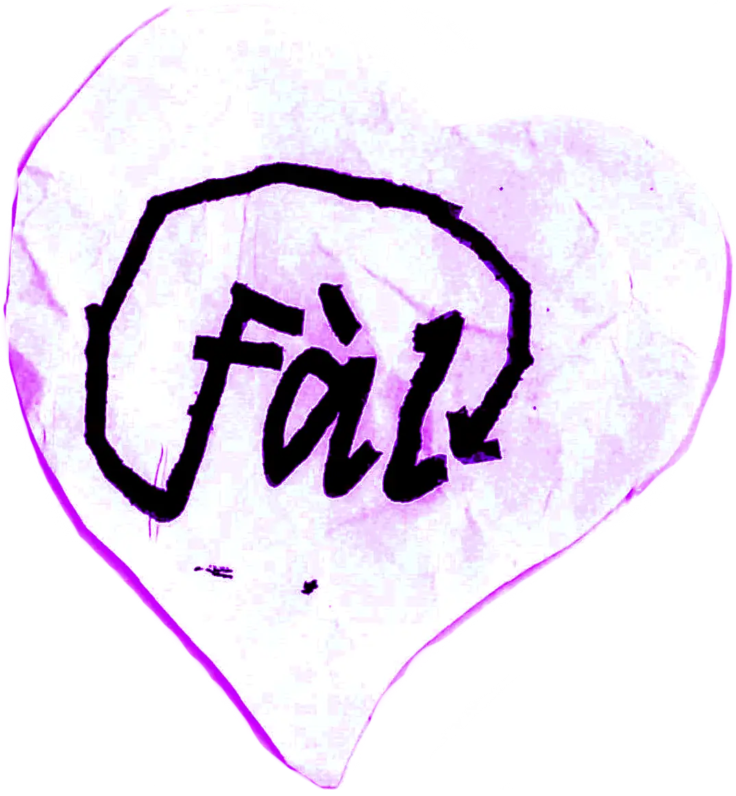 Papier froissé violet en forme de cœur avec le logo “Fàl” dessiné à la main.