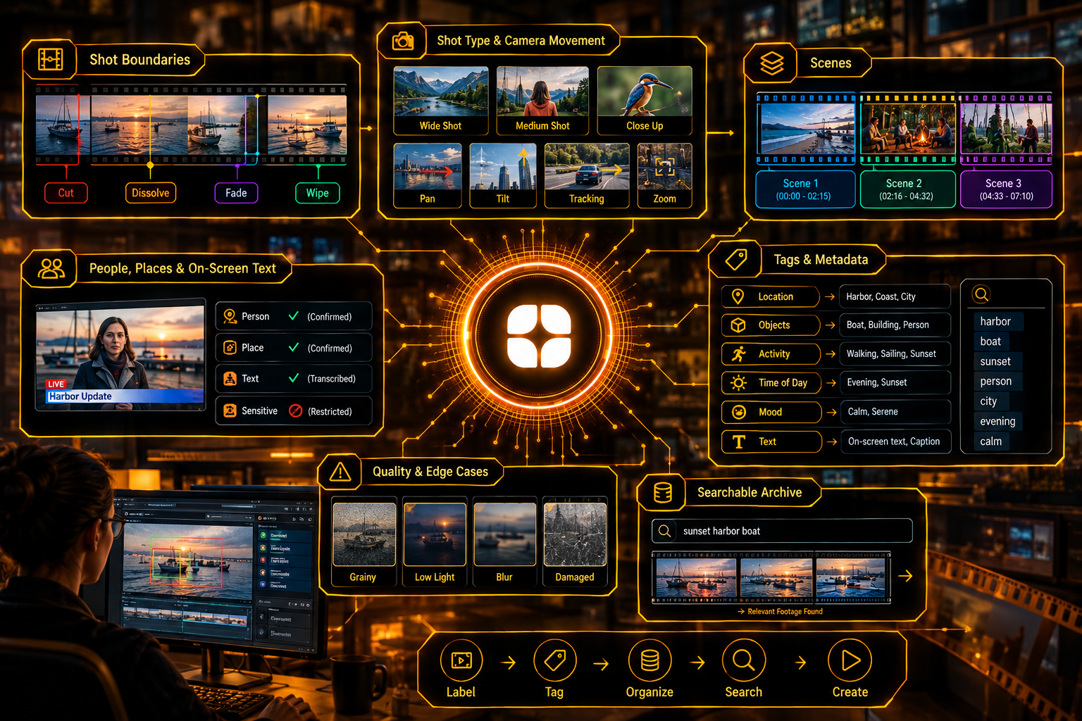 Scene, Shot, and Tag Labeling for Media Archives: Making Video Libraries Searchable