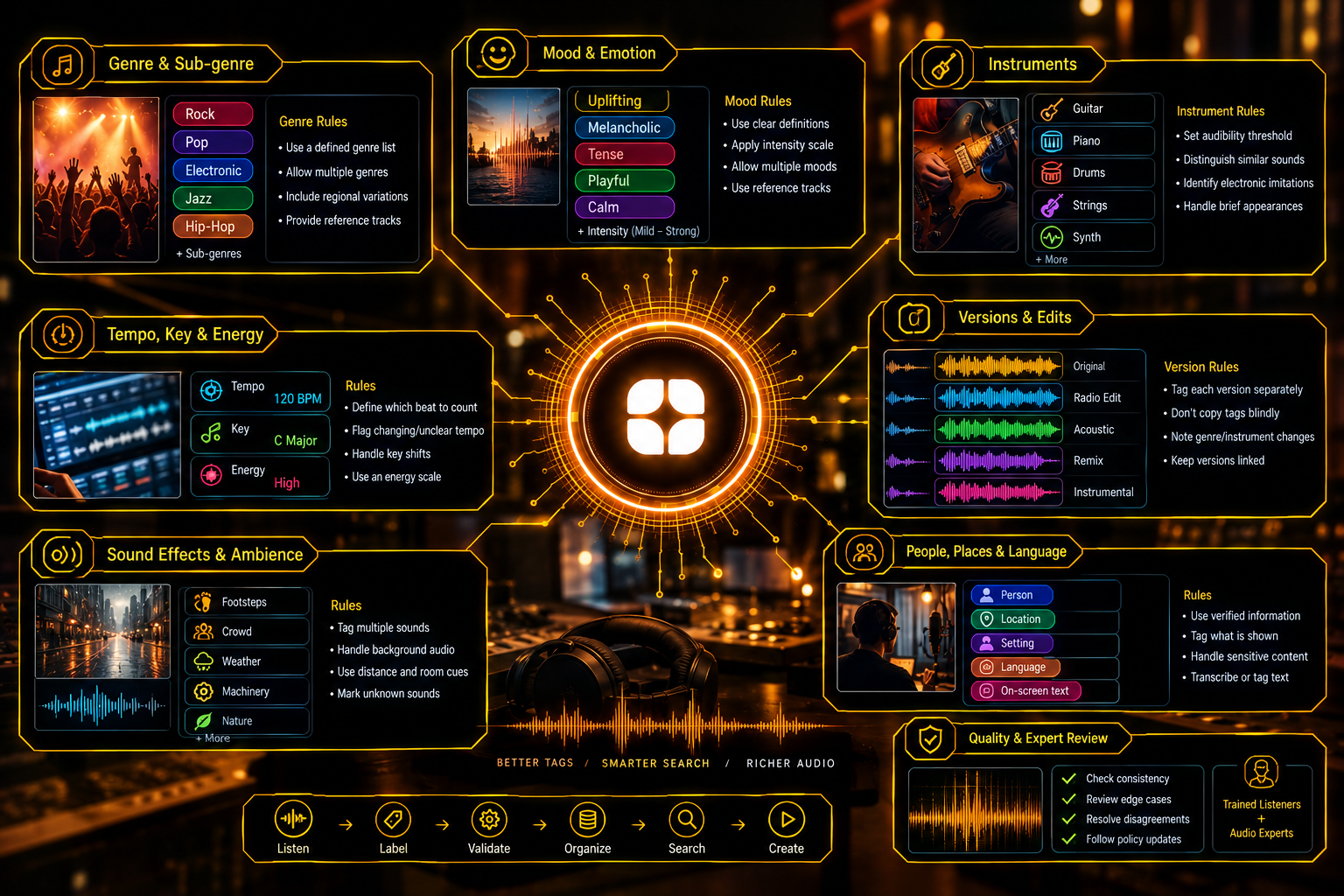 Music and Audio Tagging: Labeling Genre, Mood, and Instruments Consistently