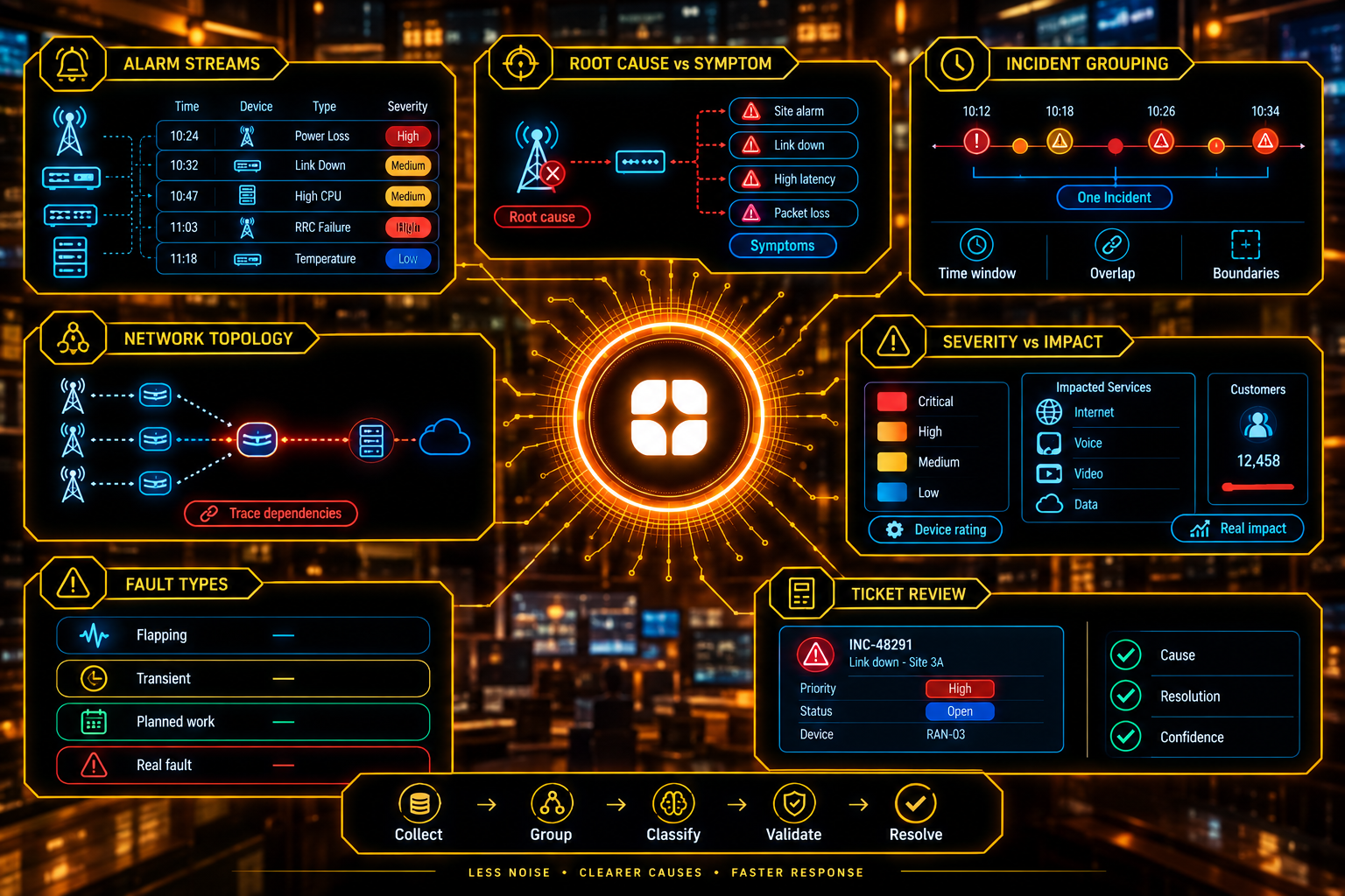 Network Alarm and Incident Ticket Classification: Finding the Root Cause Among Hundreds of Alerts