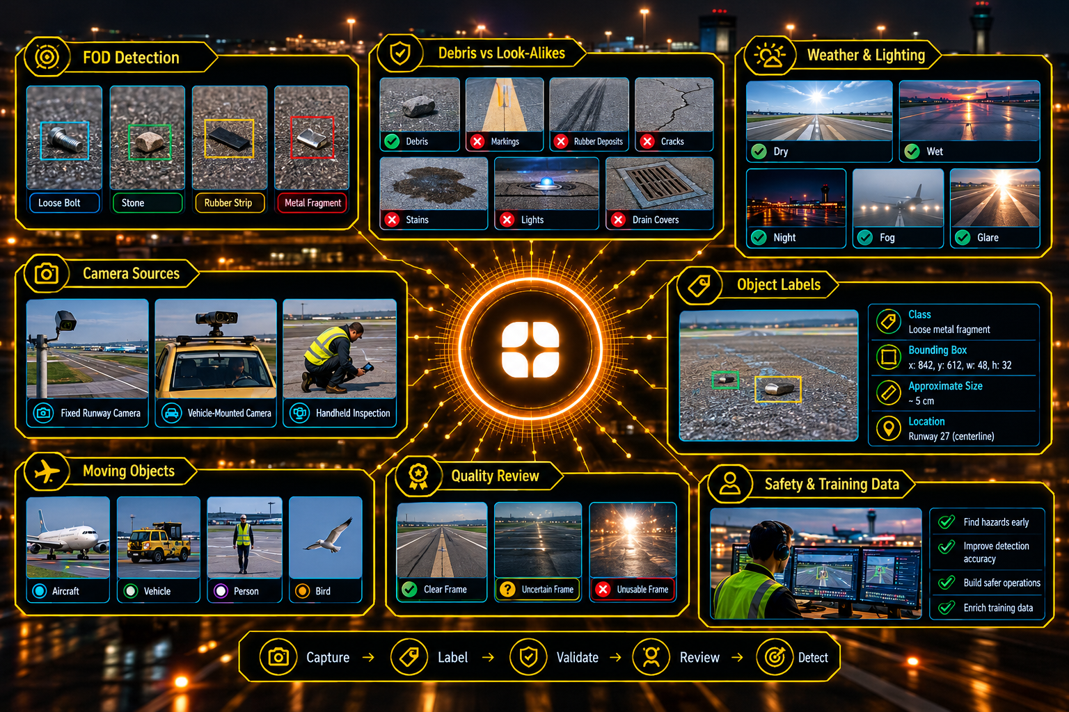 Airfield and Runway Debris Detection Imagery: Small Objects, Glare, and Wet Pavement