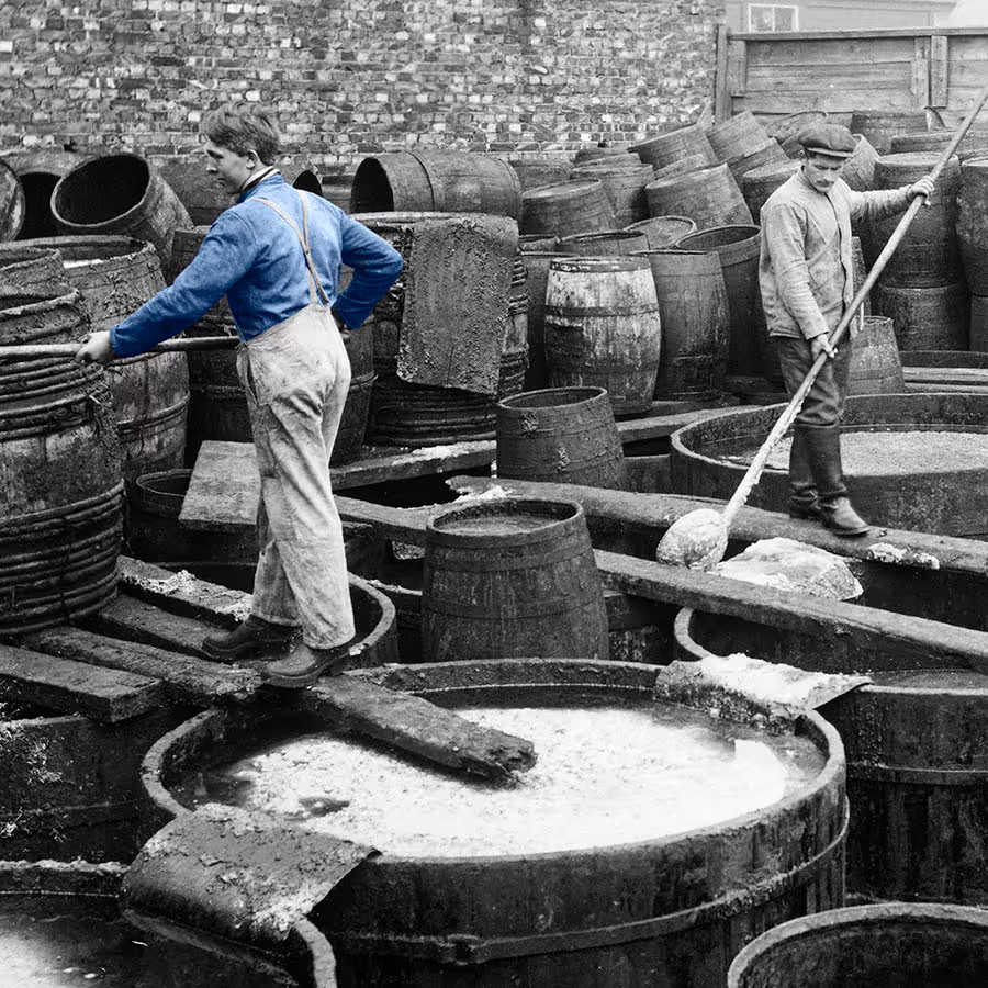 Two men stirring large wooden barrels filled with fish oil during historical cod liver oil production.