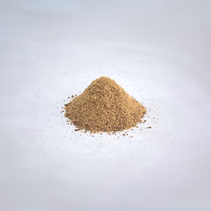Small mound of finely ground fish meal on a light surface.