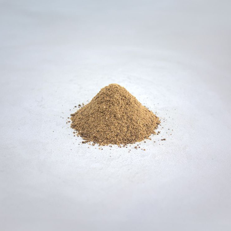 Small mound of finely ground fish meal on a light surface.