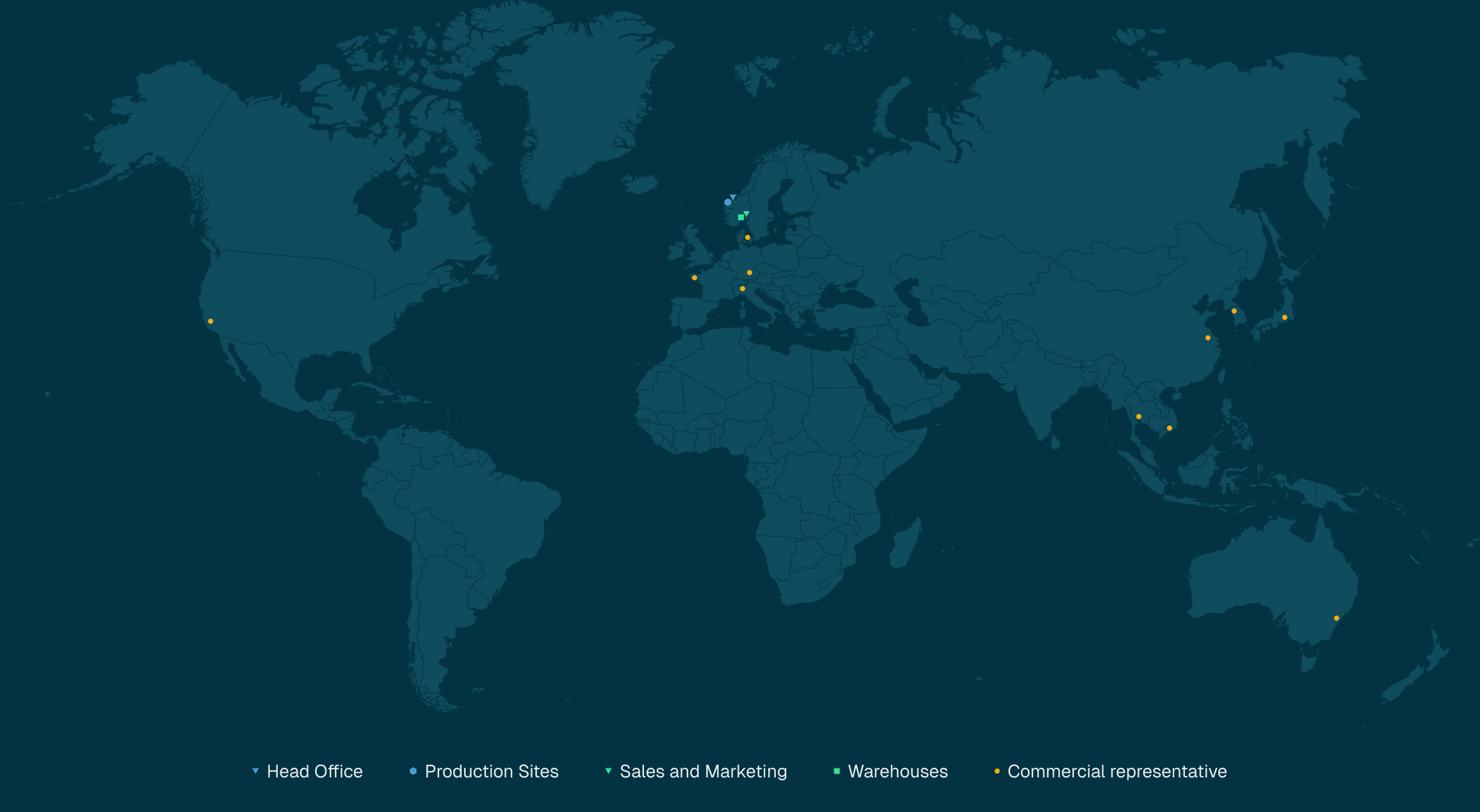 World map with orange dots marking major cities across North America, Europe, Asia, and Australia on a dark blue background.