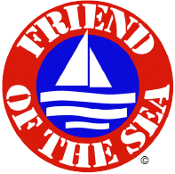 Logo with a white sailboat on blue water inside a red circle, surrounded by the text 'FRIEND OF THE SEA' in white letters.
