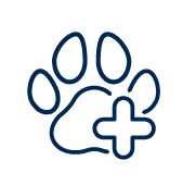 Blue paw print with a plus sign symbolizing pet health or veterinary care.