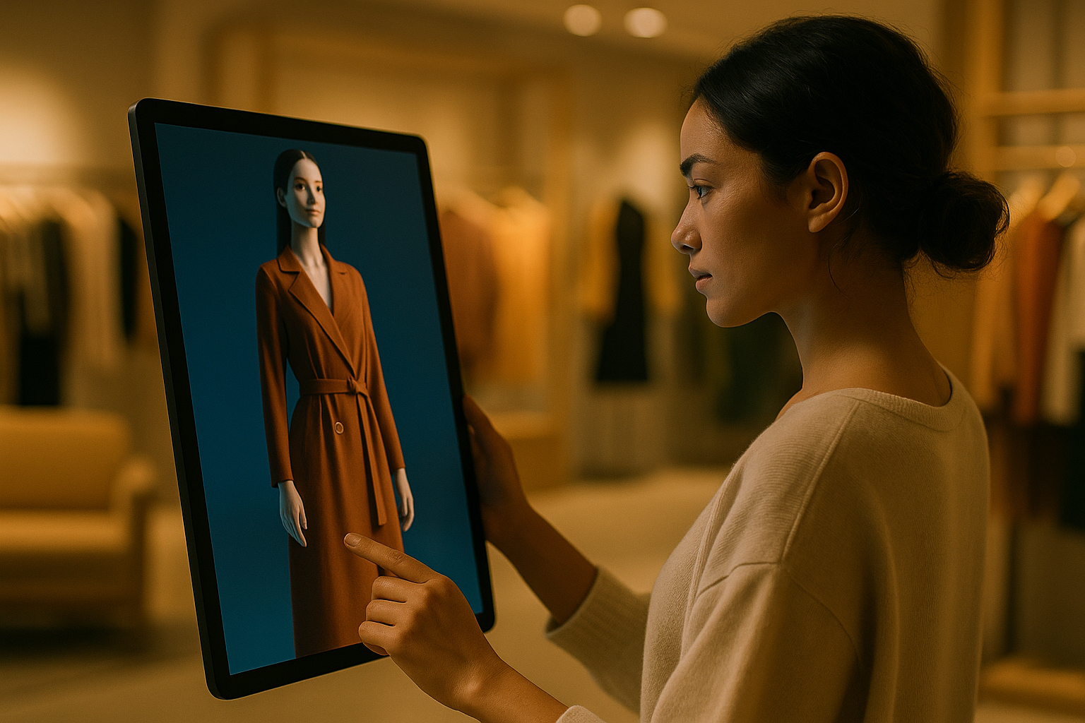 A woman in a cozy cream sweater interacts with a digital trench coat on a tablet in a softly lit, modern retail space.
