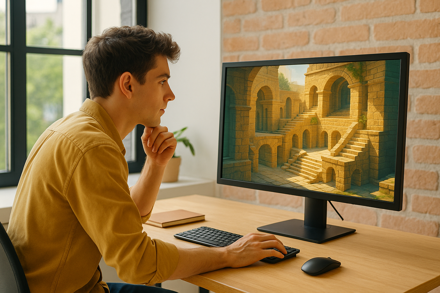 A game designer reviews a sunlit 3D level design on a monitor in a bright office with natural daylight and exposed brick walls.