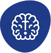 White brain icon inside a dark blue irregular circle background.