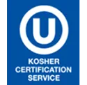 Kosher Certification Service symbol with a white U inside a circle on a blue background.