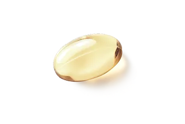 Single translucent softgel capsule with a smooth surface and light reflection.