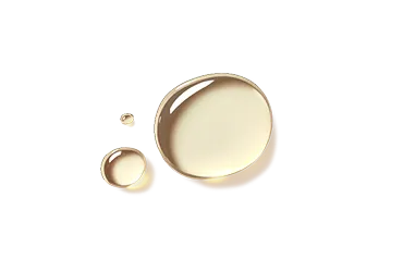 Three translucent golden oil droplets of varying sizes on a transparent background.