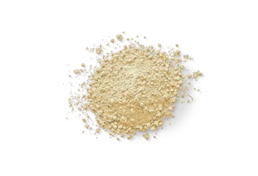 Pile of light yellow powder on a white background.