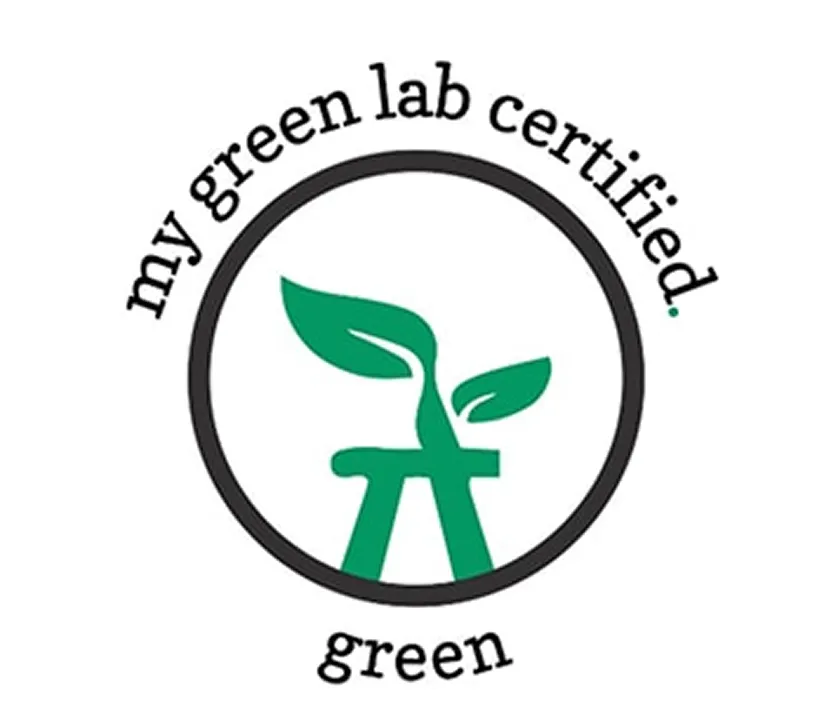 My Green Lab Certified logo featuring a green laboratory flask with two leaves inside a black circle with text above and below.