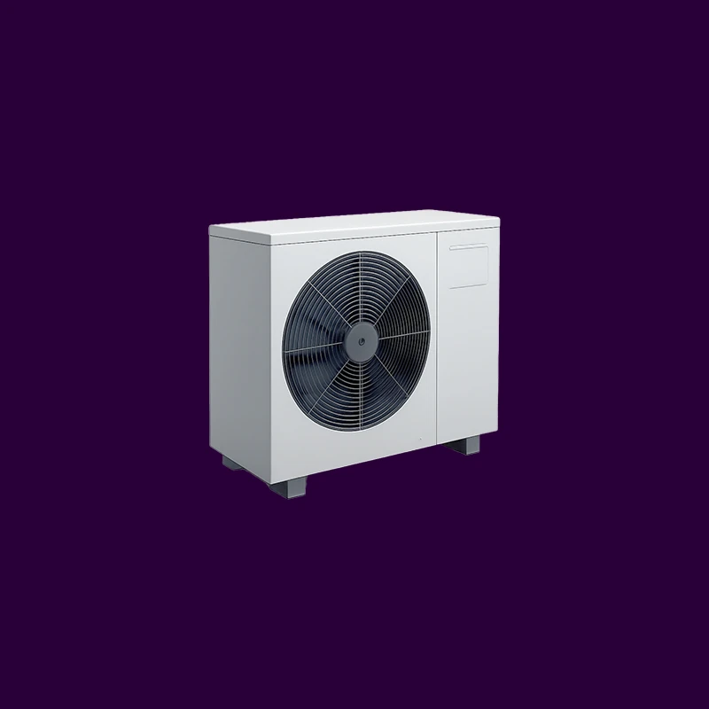 Weiße Wärmepumpe mit großem Lüfter auf dunkelviolettem Hintergrund.