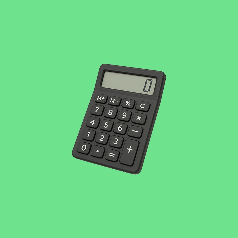 Schwarzer Taschenrechner mit Anzeige 0 auf grünem Hintergrund.