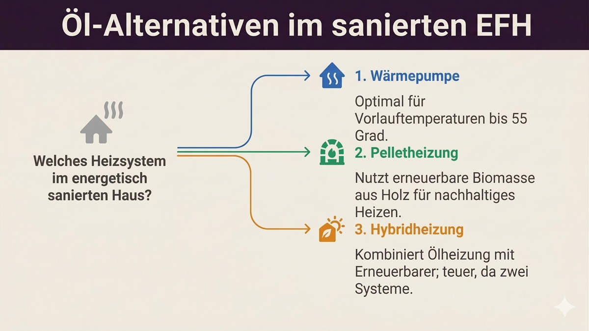 Grafik zeigt Wärmepumpe, Pelletheizung und Hybridheizung als Alternativen zur Ölheizung. Im Hintergrund ist eine Luft-Wasser-Wärmepumpe zu sehen. 
