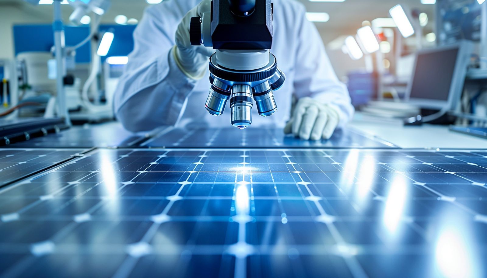 Fabrik eines Solarherstellers, Arbeiter überprüft Module