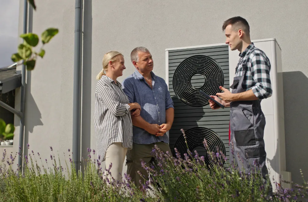 Techniker in Arbeitskleidung berät ein Paar vor einer Wärmepumpe an der Hauswand.