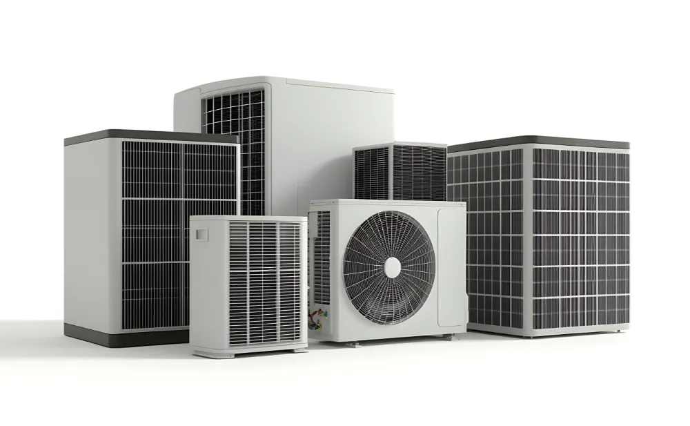 Sechs verschiedene Außengeräte von Luftwärmepumpen auf weißem Hintergrund.