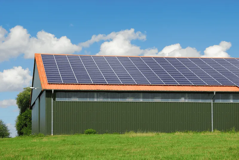 Halle mit einer PV-Anlage auf dem Dach an einem sonnigen Tag.