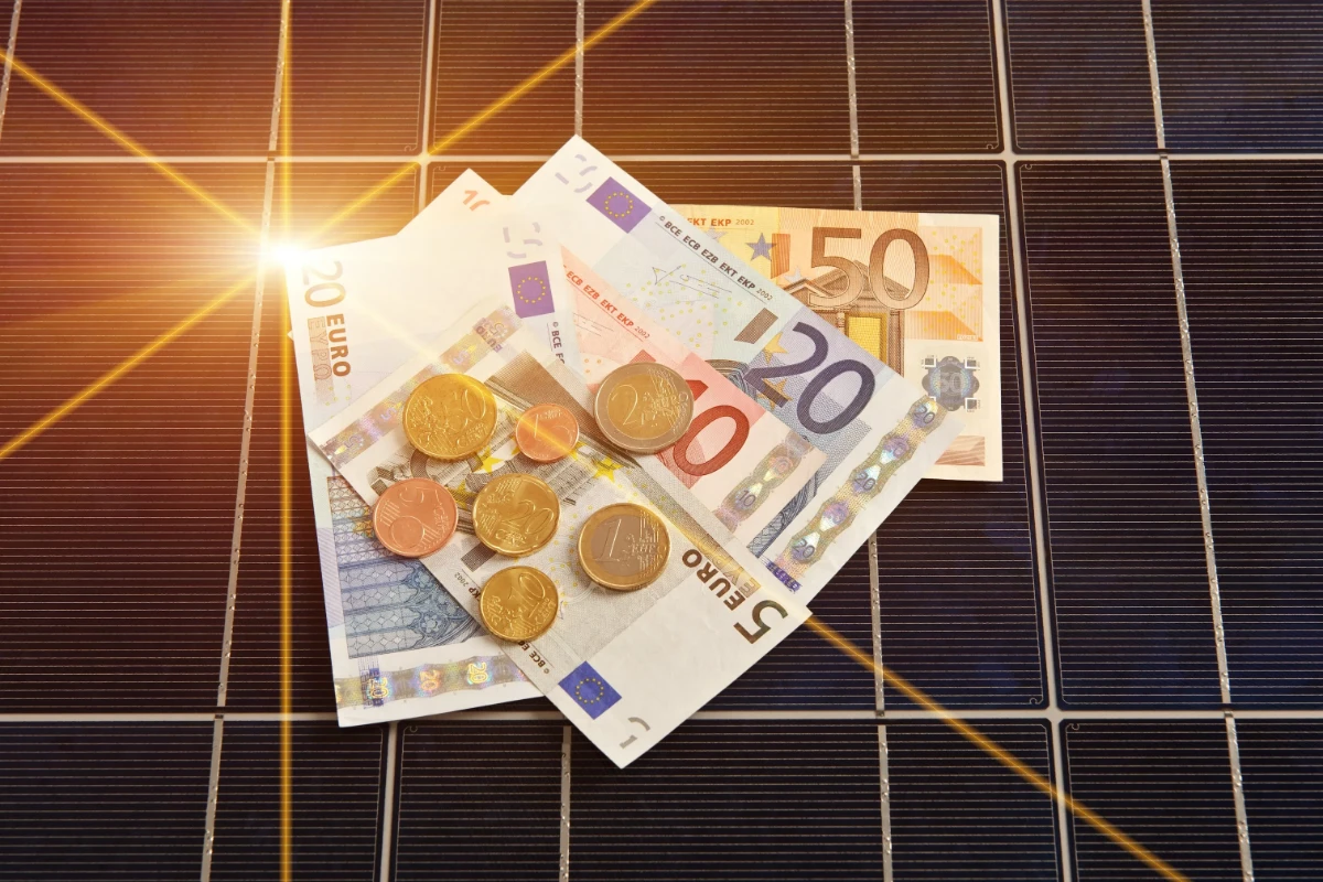Schwarze Module einer PV-Anlage, darauf mehrere Geldscheine und Münzen