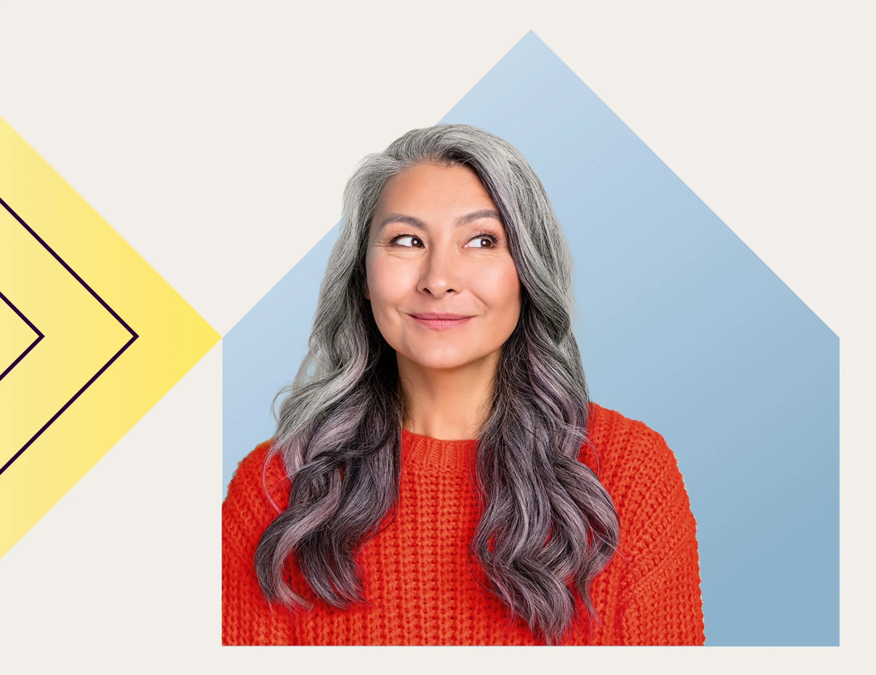 Frau mit langen grauen Haaren und einem roten Pullover, die nach oben rechts blickt, vor einem Hintergrund mit blauen und gelben geometrischen Formen.