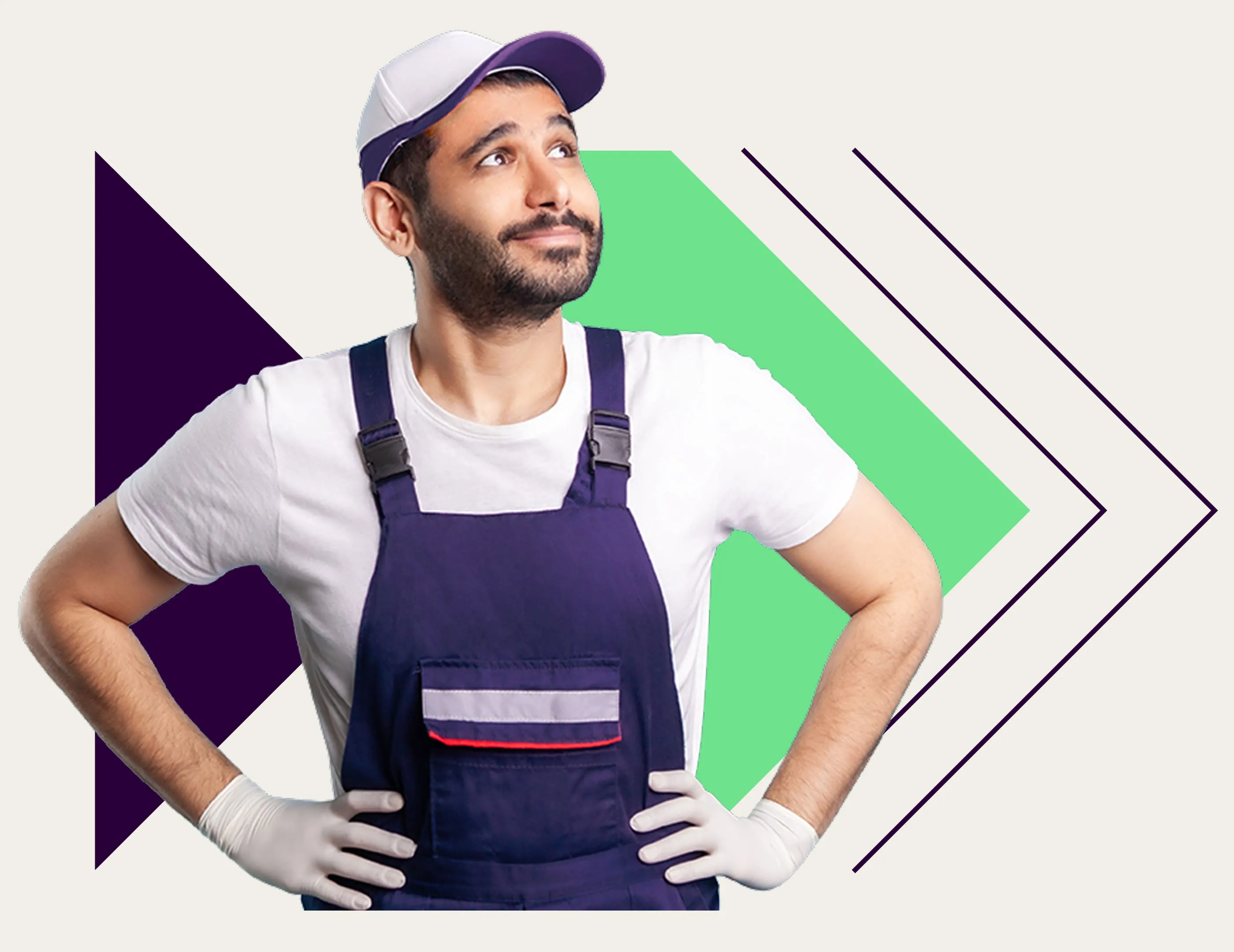 Ein Mann in blauer Latzhose, weißem T-Shirt und Kappe mit weißen Handschuhen schaut nachdenklich nach oben, vor geometrischem Hintergrund.